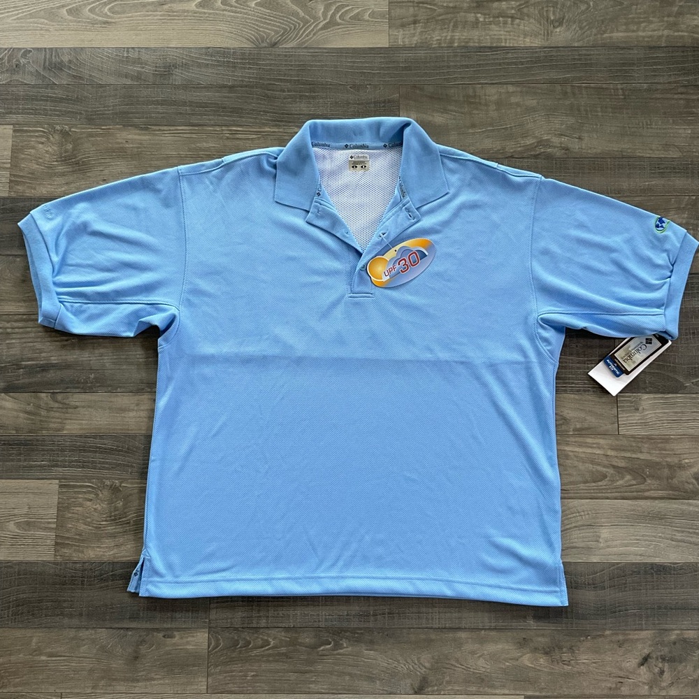 NWT Columbia PFG Perfect Cast Polo Shirt Mens LARGE Light Blue Omni Shade UPF 30